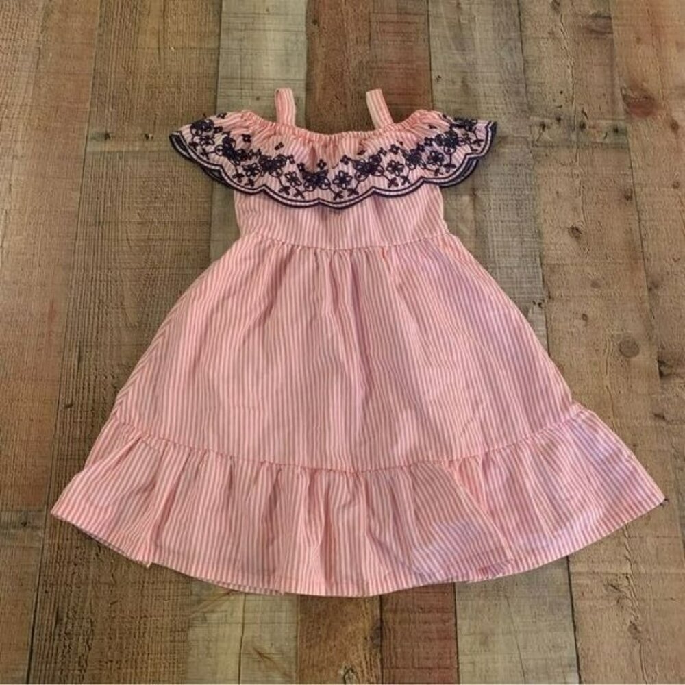Penelope Mack pink and white seersucker cold shoulder dress with eyelet detail